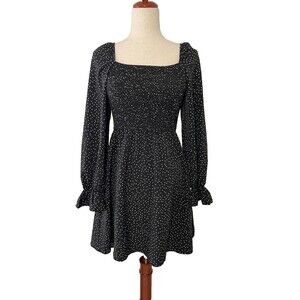Exlura Women’s Black Polka Dot Dress Size Medium Puff Sleeve Smocked Square Neck